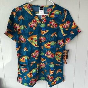 NWT Women’s Small Pixar Tooniforms Pizza Print Scrub Top